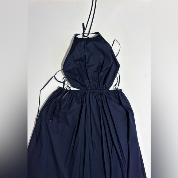 STAUD Vanessa halterneck cotton blend poplin dress pocket tie back midi navy xl - Picture 11 of 14